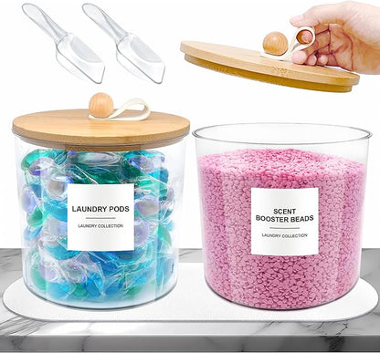 2 Pack Laundry Pods Container,Laundry Room Organization and Storage Jars,Laundry Detergent Container for Powder,Pods,Scent Booster,with Non-Slip PU Leather Pad and Handle,Bamboo Lids,Labels and Scoops