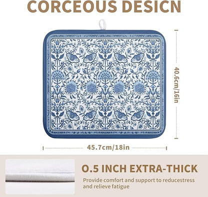 Blue Floral Dish Drying Mat for Kitchen Counter Boho Flowers Dishes Drainer Mats Rustic Farmhouse Microfiber Absorbent Dish Draining Spring Summer Reversible Dish Rack Pad 16x18 Inch