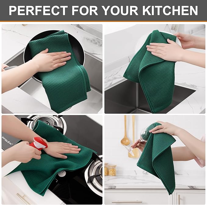 Kitinjoy 100% Cotton Waffle Weave Kitchen Hand Towels (13 X 28 Inches, Dark Green), 8-Pack Super Soft and Absorbent Dish Towel for Drying Dishes