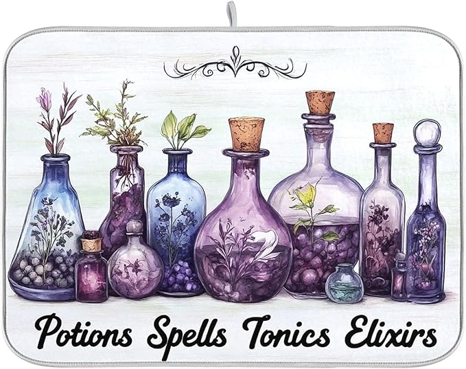 Halloween Potions Dish Drying Mat for Kitchen Countertop 16x18 Witch Herbs Purple Spooky Small Drying Mat Reusable Quick Dry Dish Sink Mats Easy Clean Decorative Essentials