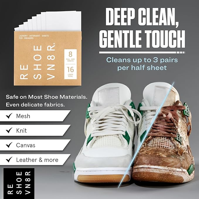 RESHOEVN8R Shoe Wash Detergent Sneaker Laundry Sheets – 16 Loads, Cleans 48 Shoes – Eco-Friendly Shoe Cleaner for Washer – Safe on All Shoes, Laces and Other Shoe Materials