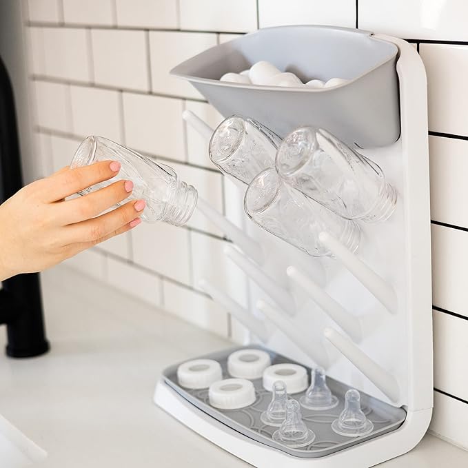 Ubbi Vertical Spacing Saving Bottle Drying Rack with 13 Pegs, 2-in-1 Bottle Brush & Microfiber Drying Mat Bundle, Newborn Baby Essentials, Baby Registry Must Haves, New Parent Gifts, Gray