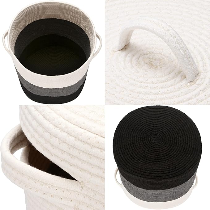Sea Team Large Size Cotton Rope Woven Storage Basket with Lid, Lidded Laundry Hamper with Handles, Fabric Bucket with Cover, Clothes Toys Organizer for Kid's Room, 16 x 20 inches, White & Black