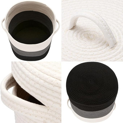 Sea Team Large Size Cotton Rope Woven Storage Basket with Lid, Lidded Laundry Hamper with Handles, Fabric Bucket with Cover, Clothes Toys Organizer for Kid's Room, 16 x 20 inches, White & Black