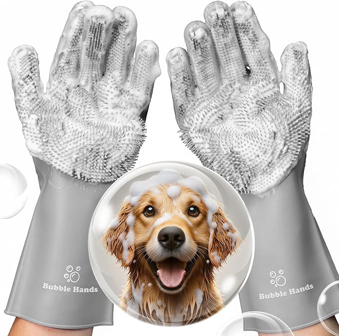 Dog Washing Gloves with Bristle Scrubbers, Reusable Silicone Gloves Ideal for Pet Bathing, Massaging & Grooming (Gray)