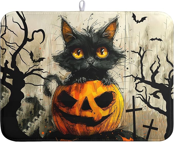 Black Cat Fall Pumpkin Dish Drying Mat 18x24 - Super Absorbent Drying Pads for Kitchen Counter - Happy Halloween Bat Branch Large Microfiber Dishes Drying Mats