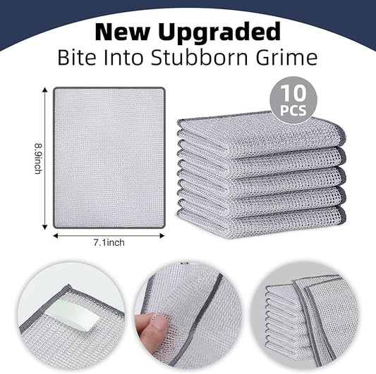 10 Pack Stainless Steel Scrubber, Reusable Diamond Weave Scrubber Cloths, Non-Scratch Heavy-Duty Metallic Fiber Cleaning Cloth for Kitchen, Multi-Use Dishwasher Rags