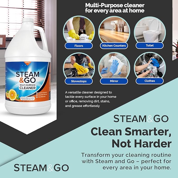 Steam & Go Multi-Purpose Cleaner Spray Refill with Oxy Power for Multi-Surfaces - Removes Stains, Eliminates Odors, & Degreases - Orange Scent, 1 gal