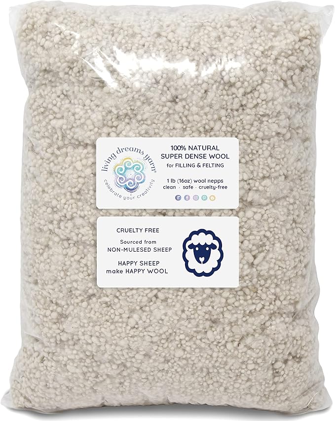 Super Dense Clean Wool Filler for Pillows, Stuffed Animals, Pouf, Pin Cushions, Crafting. 1LB, Natural White Dense