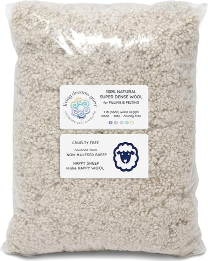 Super Dense Clean Wool Filler for Pillows, Stuffed Animals, Pouf, Pin Cushions, Crafting. 1LB, Natural White Dense