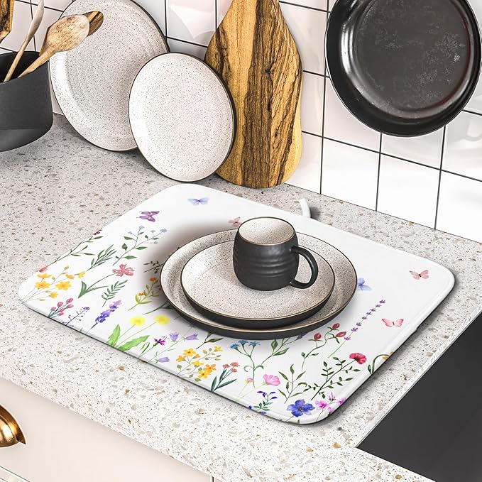 Watercolor Floral Dish Drying Mat for Kitchen Counter 16x18 Inch Spring Summer Wild Flower Butterfly Absorbent Reversible Microfiber Dish Drainer Rack Mats Countertops Protector Mat