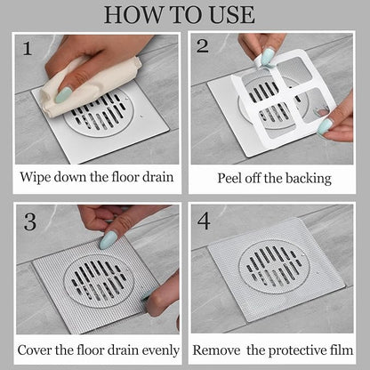 50Pcs Disposable Shower Drain Hair Catcher, Prevents Hair Clogs, 4x4 Inch Mesh Drain Covers & Disposable Drain Stickers - for Bathroom, Sink, Bathtub & Laundry