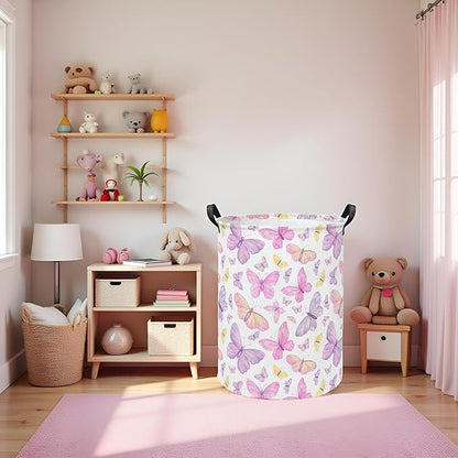 Baby Laundry Hamper kids laundry Basket Waterproof Storage Bin for Bedroom Toy Clothes Organizer Basket Woodland Animals Room Décor(Pink Butterfly)