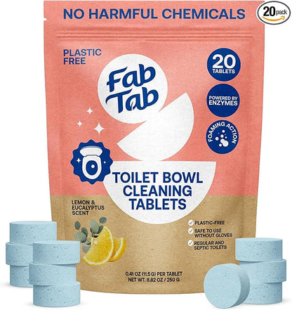 Fab Tab Toilet Bowl Cleaner Tablets, Powerful Stain Removal, No Harsh Chemicals, Plastic-Free, Removes Rust & Stains, Safe for Regular and Septic Tank Toilets, Lemon & Eucalyptus Scent