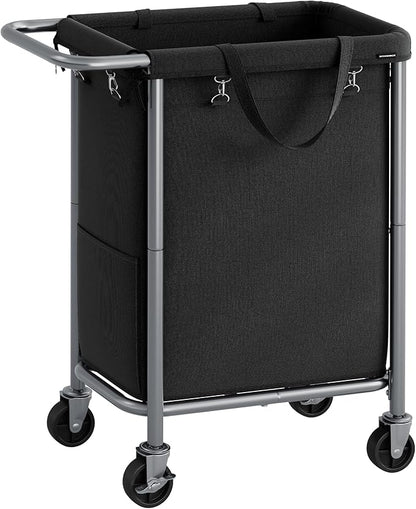 SONGMICS Laundry Basket with Wheels, Rolling Laundry Hamper, 23.8 Gallons (90 L), Removable Liner, Steel Frame with Handle, 24 x 11.4 x 31.9 Inches, Ink Black URLS003B01