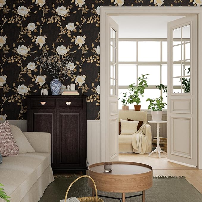 Laatse Black Golden Floral Peel and Stick Wallpaper Flowers Contact Paper 17.5"x118" Self Adhesive Waterproof Vintage Dark Floral Wall Paper for Shelf Liner Cabinet Decor