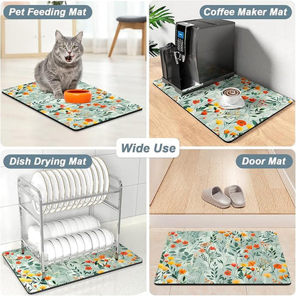 Rnivvi Coffee Mat, 12" x 19" Cute Coffee Bar Mats for Espresso Machine Station Accessories and Organizer, Hide Stain Rubber Backed Absorbent Dish Drying Pad for Kitchen Counter, Abstract Flowers