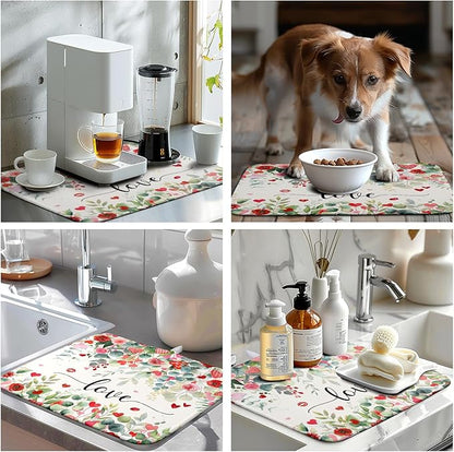 Valentines Day Love Heart Rose Eucalyptus Leaves Dish Drying Mat for Kitchen Counter 16x18 Inch Spring Valentine Microfiber Absorbent Dish Drainer Mats Reversible Drying Pad