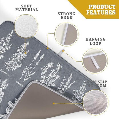 Flower Herbs Dish Drying Mat Wild Plant Dish Rack Mat with Hanging Loop Fast Dry Dish Drainer Pad for Kitchen Counter Sink 18x24 Inch