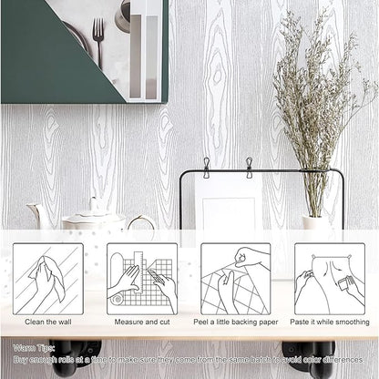 Yun-aeon White and Silver Wood Contact Paper 17.3"x200" Rustic Wooden Peel and Stick Wallpaper Removable Self-Adhesive Wallpaper Wood Grain Contact Paper for Countertops Cabinets