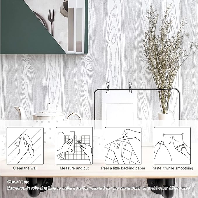 Yun-aeon White and Silver Wood Contact Paper 17.3"x80" Rustic Wooden Peel and Stick Wallpaper Removable Self-Adhesive Wallpaper Wood Grain Contact Paper for Countertops Cabinets