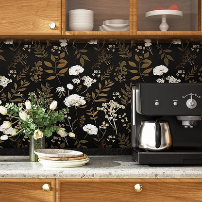 Laatse Dark Floral Wallpaper Peel and Stick Boho Wallpaper 17.5in x 118in Vintage Leaf Contact Paper Vinyl Waterproof Self Adhesive Leaf Botanical Wall Paper for Bedroom Walls Kitchen Cabinet
