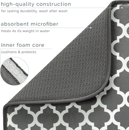 S&T INC. Dish Drying Mat XL, 18” x 24”, Absorbent Microfiber Kitchen Counter Mat, Dish Drying Pad for Dishes, Utensils, Pots and Pans, Extra Large, Pewter Grey Trellis