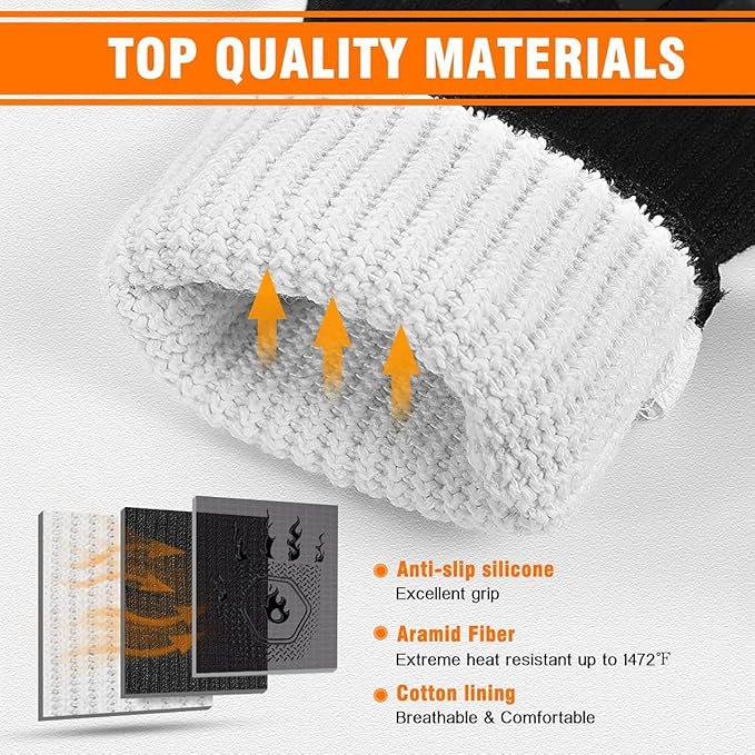 HAMITOR BBQ Grill Gloves : 1472℉ High Temp Resistance Fireproof Glove for Grilling Barbecue - Washable Long Oven Mitts Extreme Hot Proof Mittens for Kitchen Cooking Baking