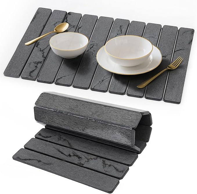 Stone Drying Mat for Kitchen Counter, Quick Diatomaceous Earth Mats for Dishes, 24" x 16" W Super Absorbent Fast-Drying Collapsible Countertop Stone Mat (Marble Grey, Extra Large)