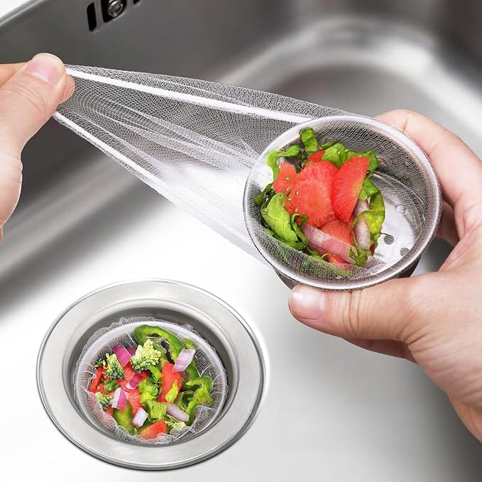 300 Pack Kitchen Sink Strainer Mesh Bags – Anti-Clogging Disposable Sink Drain Covers that Trap Food Scraps, Leftovers, Hair & Debris. Ultra-Fine Sink Filter Nets Fit Most Sink Strainers.