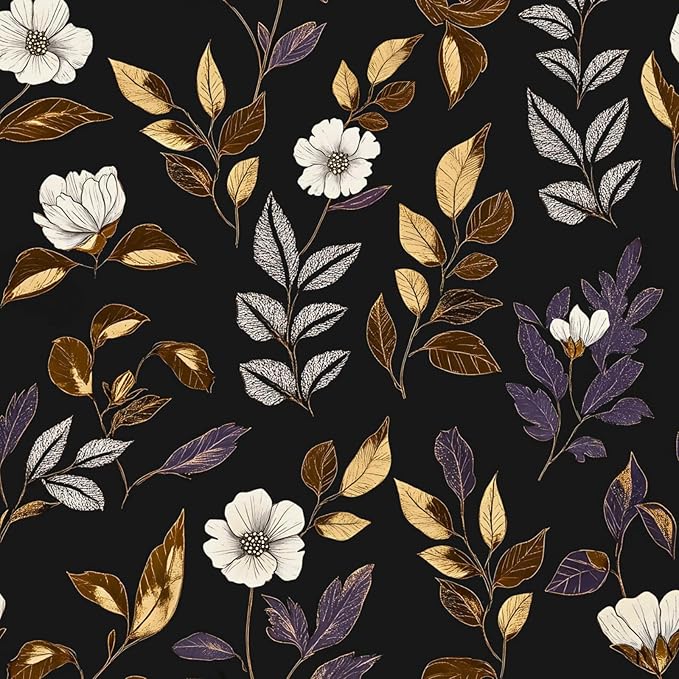 Fvlow Dark Floral Wallpaper Peel and Stick Vintage Gold Leaf Contact Paper Black Floral Wallpaper Waterproof Self-Adhesive Wall Covering for Bedroom Countertop Desk Cabinets 17.4" x 118"