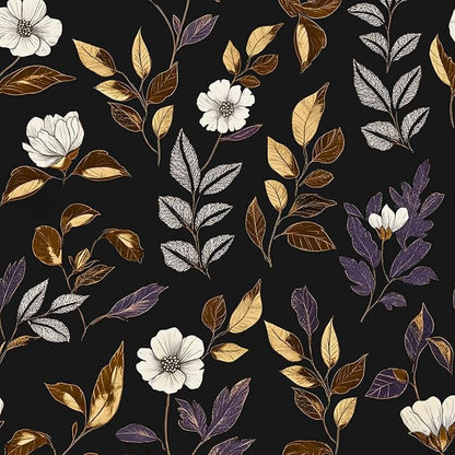 Fvlow Dark Floral Wallpaper Peel and Stick Vintage Gold Leaf Contact Paper Black Floral Wallpaper Waterproof Self-Adhesive Wall Covering for Bedroom Countertop Desk Cabinets 17.4" x 118"