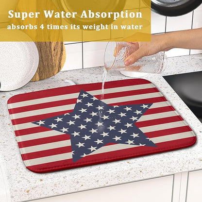 Blue Star Patriotic July of 4th Dish Drying Mat for Kitchen Counter 16x18 Independence Day Red Striped Absorbent Reversible Microfiber Drying Mats Kitchen Countertop Protector Dishes Drainer Rack Pad