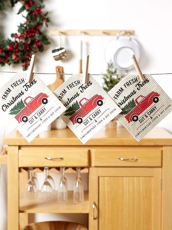 DII Swedish Dishcloths for Kitchen & Cleaning, Reusable, Machine Washable & Dishwasher Safe, Biodegradable, 7.75 x 6.75, Christmas Truck, 3 Piece