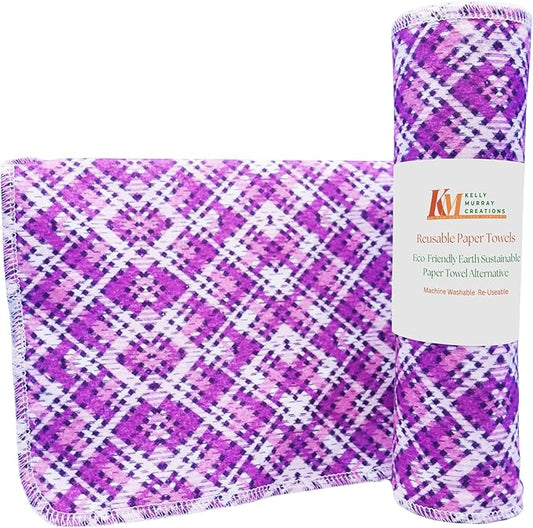Pack of 10 Reusable Paper Towels | 10x10 Inch Cotton Towels | Kitchen Utensils Print | Eco Friendly, Washable, Quick Drying | Sustainable Cleaning Cloths | Purple Chex
