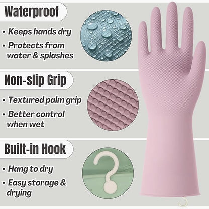 IMARU 3 Pairs Dishwashing Gloves with Hanging Hooks - Reusable Rubber Cleaning Gloves for Household & Kitchen & Gardening, Non-Slip & Waterproof & Durable (Large)
