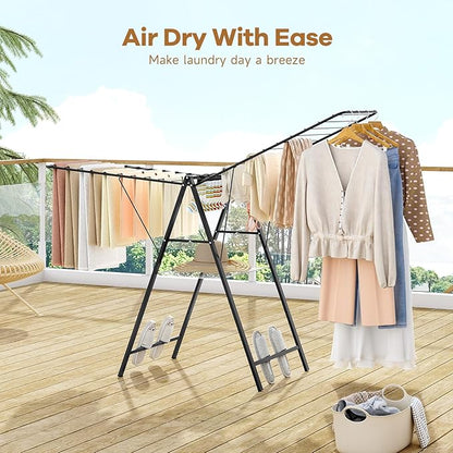 APEXCHASER Clothes Drying Rack Foldable, Metal Laundry Drying Rack with Height Adjustable Rails, Ultra Thin Drying Rack Clothing Towel Sweater Shoe for Indoor Outdoor, Gullwing Clothes Airer, Black
