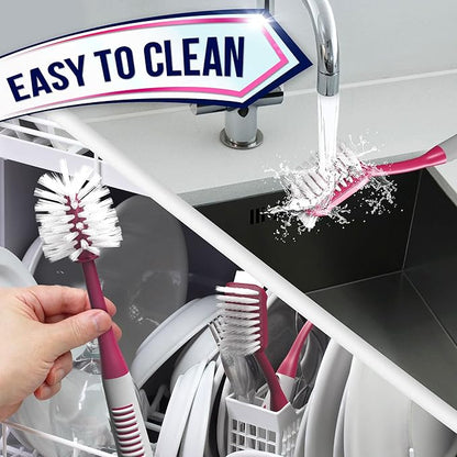 Dish Brush Set of 4 - Kitchen Scrub Brushes with Non-Slip Long Handle for Cleaning, Scrubber, Dishwashing, Dishes, Bottles, Straws, Cups, Pots & Sink, Red