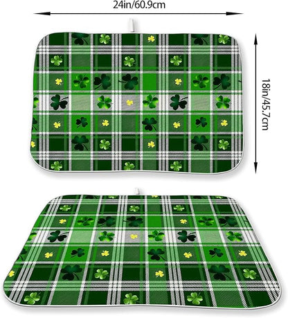 St Patricks Day Dish Drying Mat 18x24 Inch Green Lucky Shamrock Buffalo Plaid Drying Mat Checkered Spring Holiday Absorbent Dish Drying Pad Dish Rack Drainer Mats for Kitchen Dining Counter