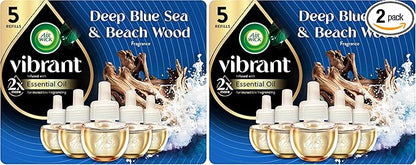 Air Wick Vibrant Plug In Scented Oil Refill,Infused with Essential Oils,Plug In Air Fresheners for Home,Deep Blue Sea & Beach Wood,5 ct,(Pack of 2)