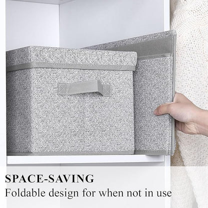 WUIKE Foldable Storage Bins with Lids, Storage Boxes with Handles, Closet Shelf Organizer, Fabric Storage Baskets for Bedroom, Decorative Storage Containers, Large, Ash Gray, 3-Pack