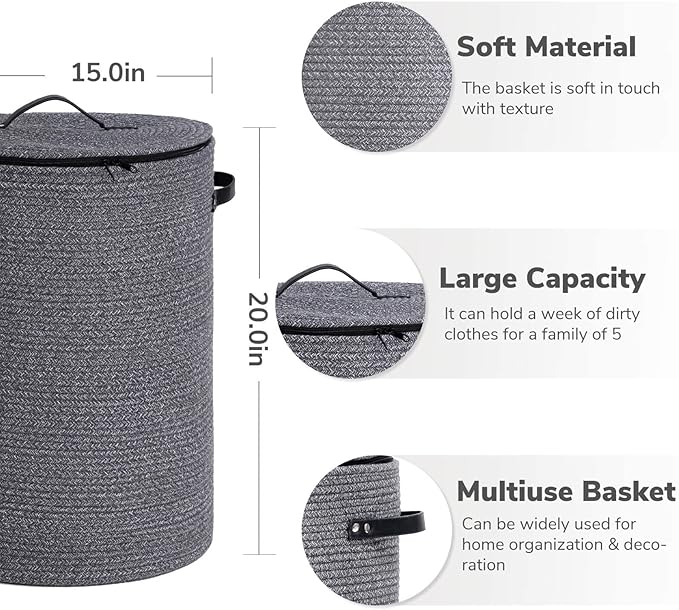 CHICVITA Large Laundry Hamper with Lid, 58L, Tall Clothes Laundry Basket for Bedroom, Rope Laundry Bin for Clothes, Blankets, Toys, Woven Laundry Basket for Living Room, 15 x 20 inches, Grey