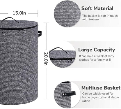 CHICVITA Large Laundry Hamper with Lid, 58L, Tall Clothes Laundry Basket for Bedroom, Rope Laundry Bin for Clothes, Blankets, Toys, Woven Laundry Basket for Living Room, 15 x 20 inches, Grey