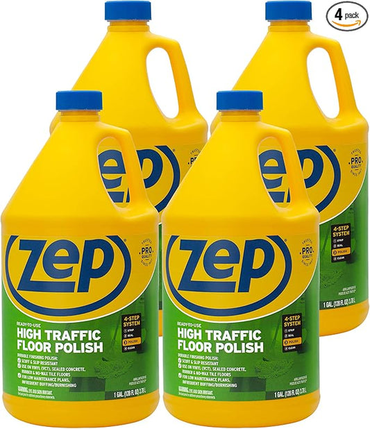 Zep Commercial High-Traffic Floor Polish, 4-1 Gallon Bottles, Professional Grade Floor Finish For a Range Of Hard Floor Surfaces (ZUHTFF128)