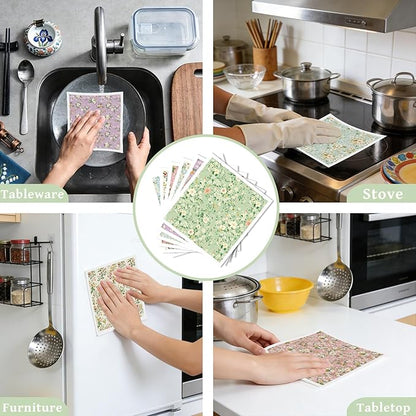 Reusable Swedish Dishcloths for Kitchen, 6 Pack Colorful Floral Dish Cloths Towels, Absorbent Flower Sponge Cleaning Towel Wipes for Kitchen Cooking Home Decoration Housewarming Gifts