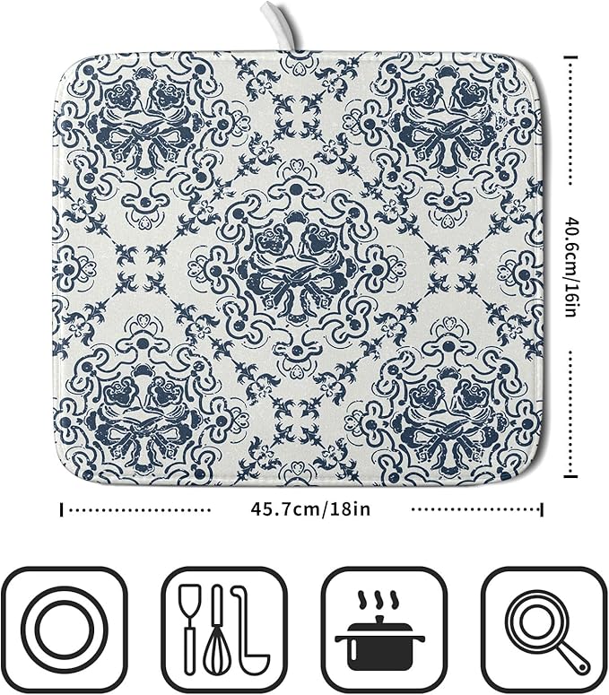 Bohemian Grey Retro Dish Drying Mat for Kitchen Counter,Boho Abstract Flower Art Drying Mat 16 x 18 Inch Microfiber Dish Drying Pad Dish Rack Pad Drainer Mat for Coffee Bar