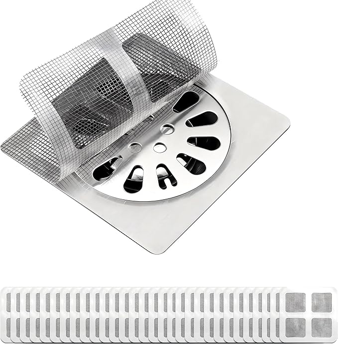 Disposable Shower Drain Hair Catcher 30 Pack, Waterproof Peel and Stick Mesh Drain Strainer Stickers for Shower, Bathtub, Bathroom Sink, Laundry and Tub Drains — Hair Trap Clog Prevention