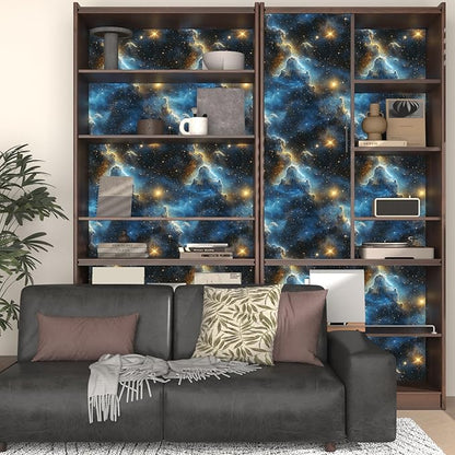 Fvlow Starry Night Sky Wallpaper Peel and Stick 17.4" x 118" Dark Blue Galaxy Contact Paper Modern Space Wallpaper for Bedroom Cabinet Bathroom Home Decor