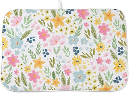 Spring Dish Drying Mat 18x24 Inches For Kitchen Counter Absorbent Pink Yellow Floral Kitchen Decoration Summer Colorful Flower Drying Mat Pad For Home Kitchen,Dining Room,Office Decor
