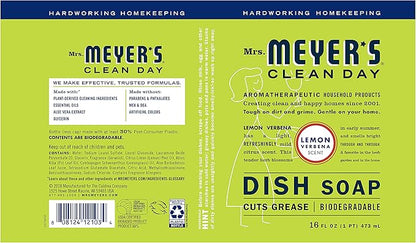 Mrs. MEYER'S Clean Day Liquid Dish Soap, Cruelty Free and Non-Toxic, Lemon Verbena Scent, 16 oz- Pack of 6